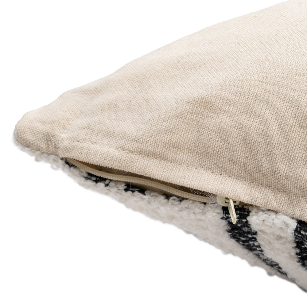 Close-up of boucle black white square geometric cushion cover by Decor Petit
