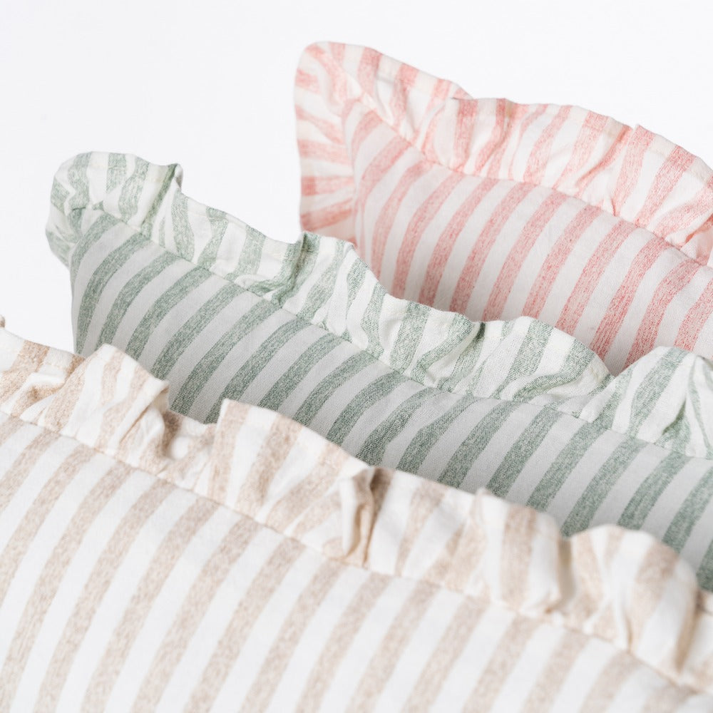 Gingham ruffle cushion styled on a linen bed, Penelope by Decor Petit