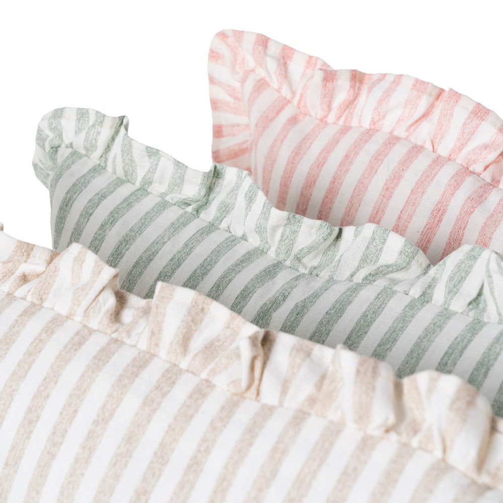 Gingham ruffle cushion styled on a linen bed, Penelope by Decor Petit