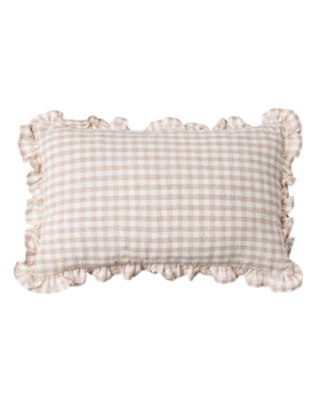 Beige gingham linen cushion cover with ruffle edges, Clementine by Decor Petit