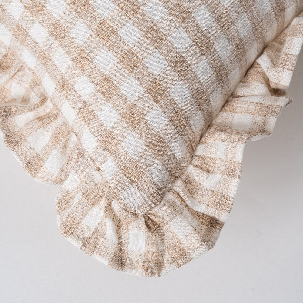 Beige gingham linen cushion cover with ruffle edges, Clementine by Decor Petit