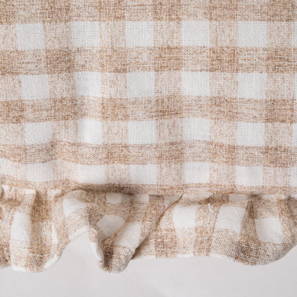 Beige gingham linen cushion cover with ruffle edges, Clementine by Decor Petit