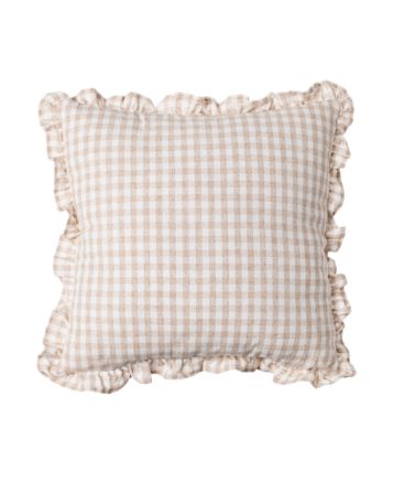 Beige square gingham linen cushion cover with ruffle edges, Clementine by Decor Petit