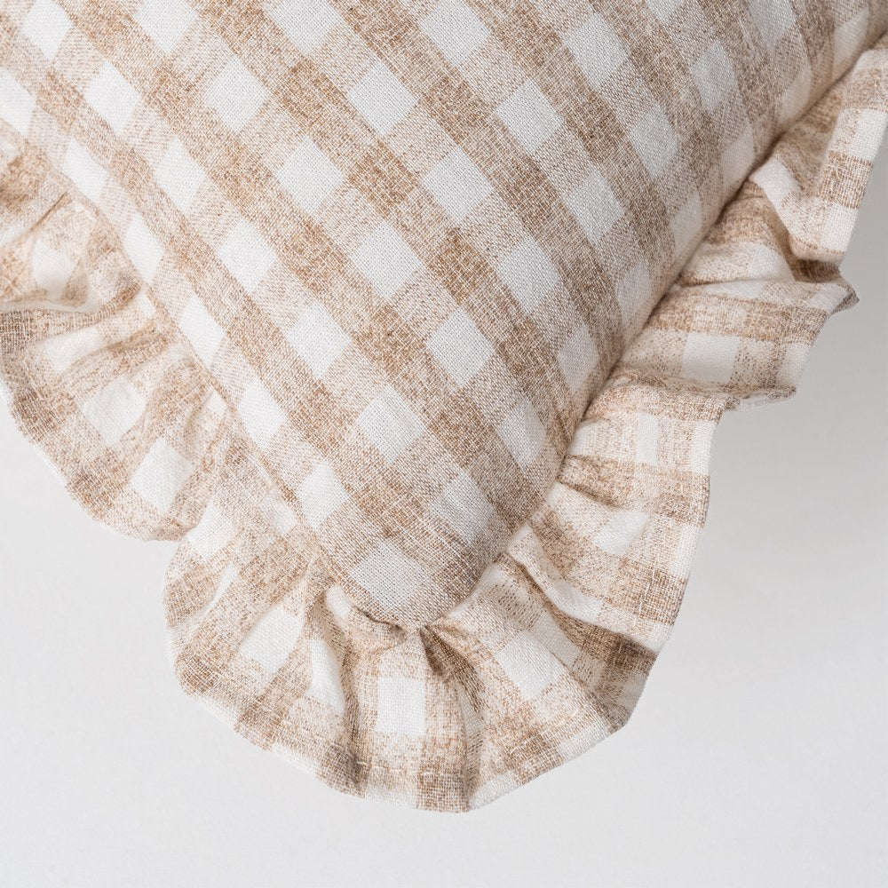 Beige gingham linen cushion cover with ruffle edges, Clementine by Decor Petit