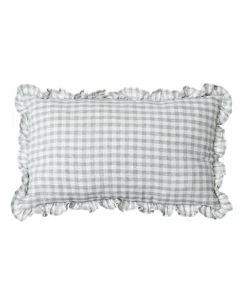 Gray gingham linen cushion cover with ruffle edges, Clementine by Decor Petit