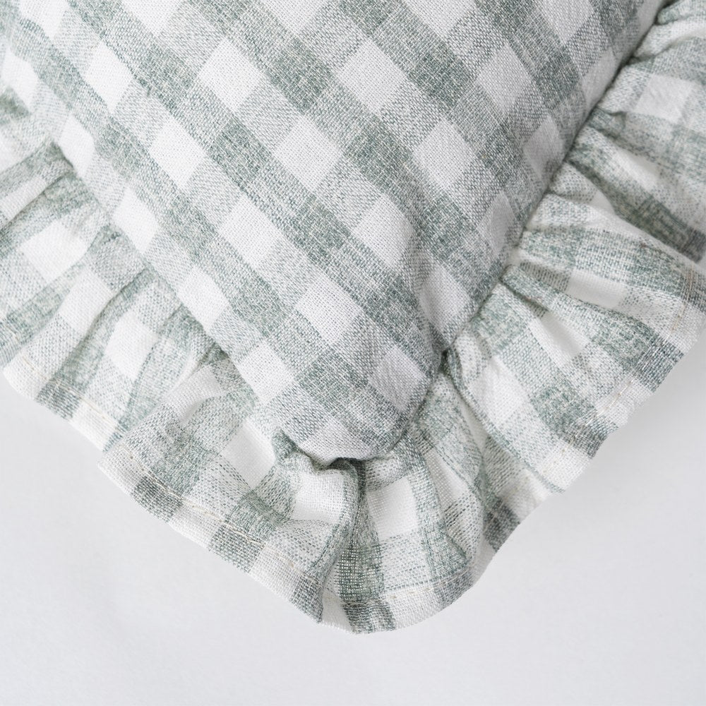 Gray gingham linen cushion cover with ruffle edges, Clementine by Decor Petit