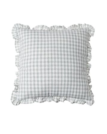 Gray square gingham linen cushion cover with ruffle edges, Clementine by Decor Petit