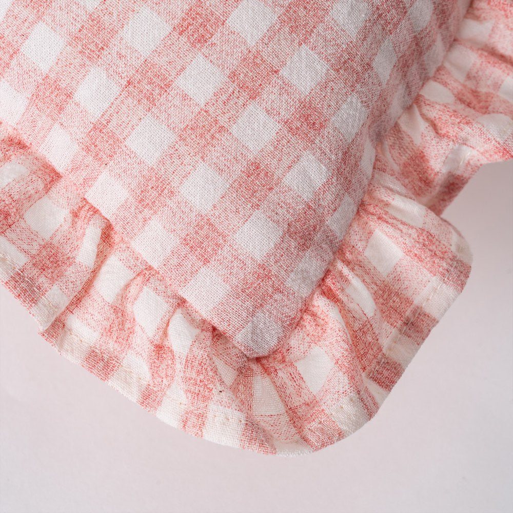 Pink gingham linen cushion cover with ruffle edges, Clementine by Decor Petit