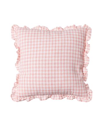 Pink square gingham linen cushion cover with ruffle edges, Clementine by Decor Petit