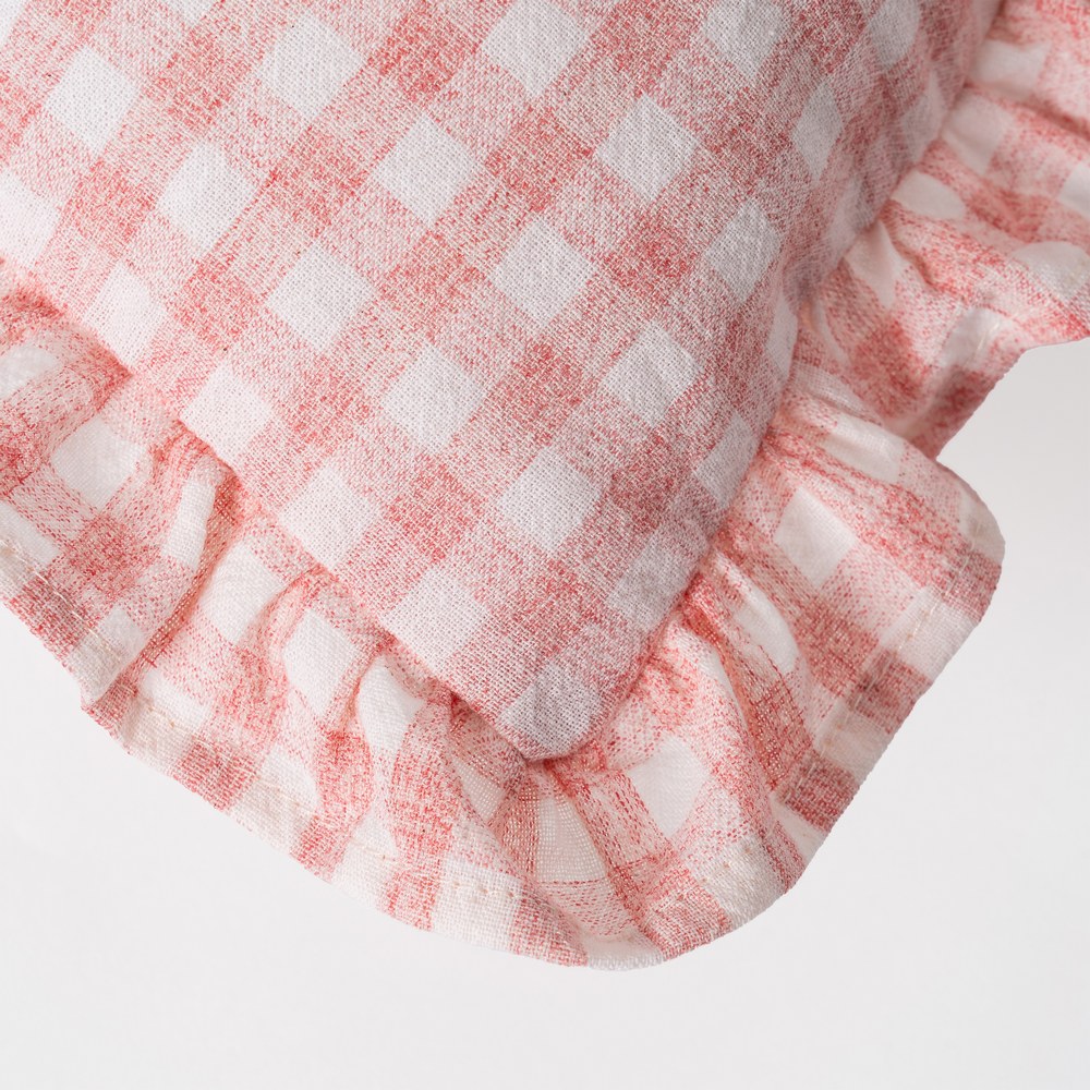 Pink gingham linen cushion cover with ruffle edges, Clementine by Decor Petit