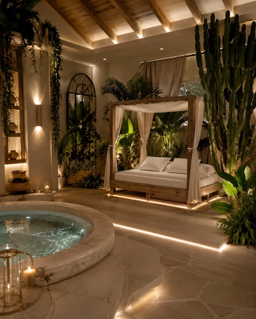 Luxury spa-style indoor retreat with a stone hot spring, a wooden four-post canopy daybed with white bedding, and abundant tropical plants under warm ambient lighting.