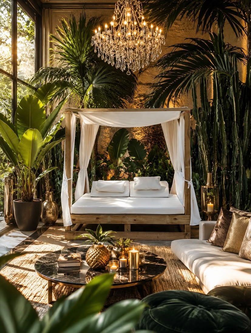 A luxurious indoor garden lounge scene featuring a white canopy daybed with white bedding, surrounded by lush tropical plants, a large crystal chandelier, and a cozy seating area with a white sofa and dark green velvet cushions.