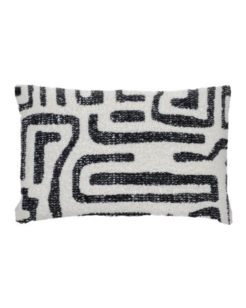 White boucle cushion cover with black abstract geometric pattern by Decor Petit