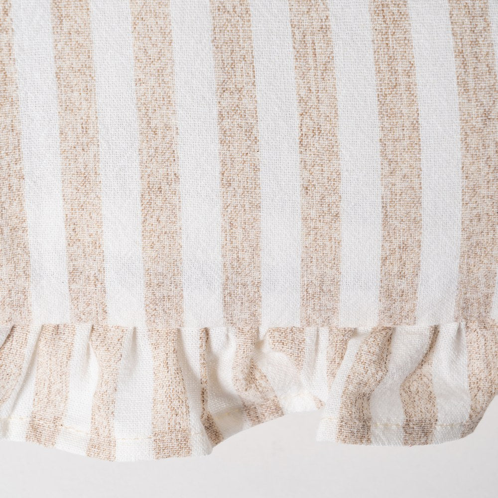 Close-up of ruffle edge detail on beige gingham cushion cover by Decor Petit
