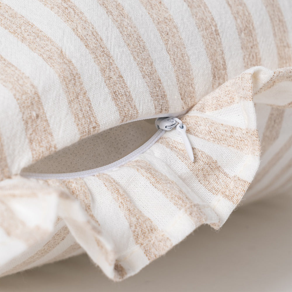 Close-up of ruffle edge detail on beige gingham cushion cover by Decor Petit