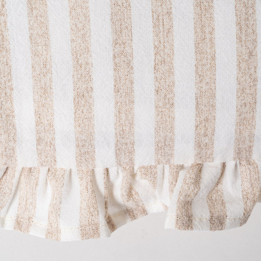 Close-up of ruffle edge detail on beige gingham cushion cover by Decor Petit
