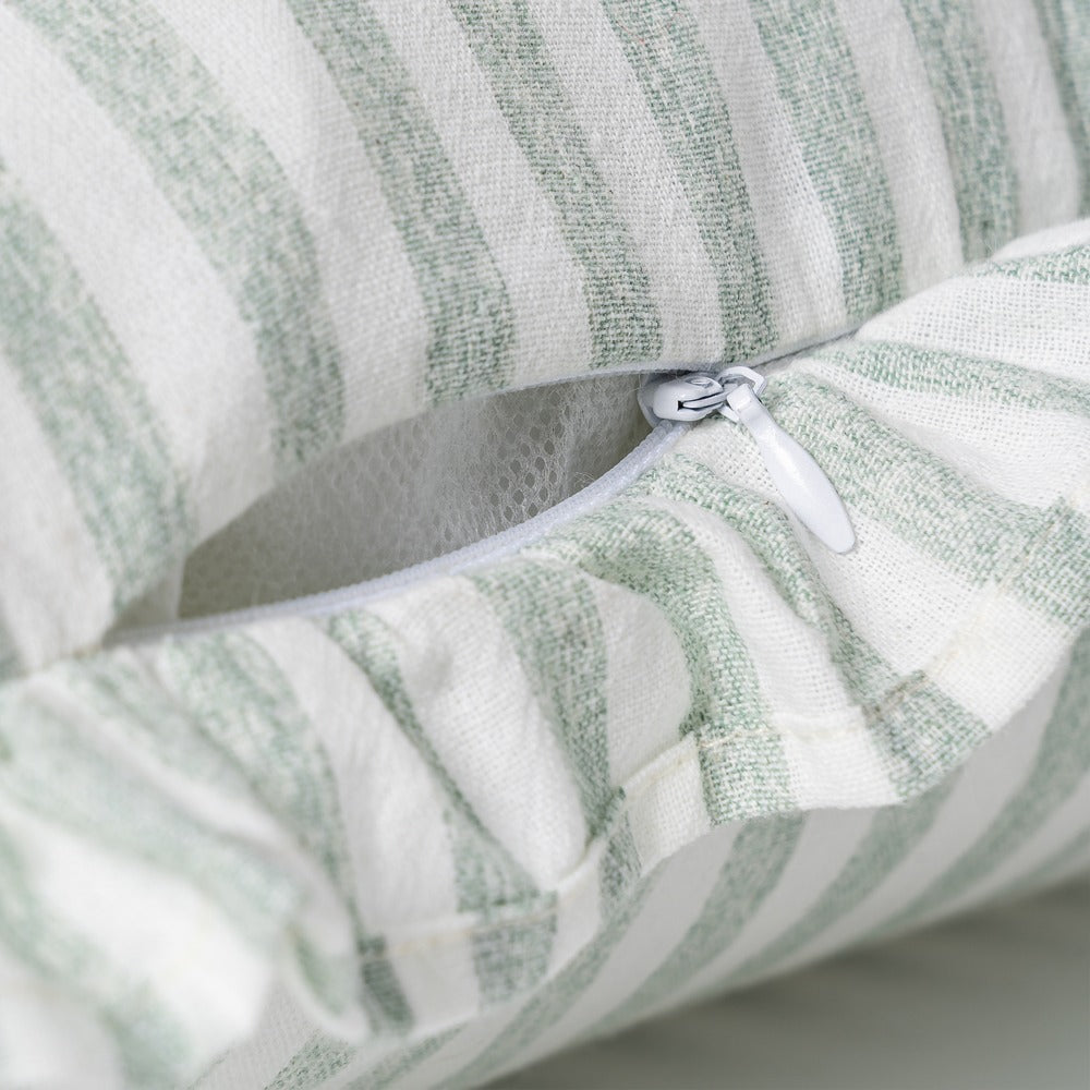 Close-up of ruffle edge detail on gray gingham cushion cover by Decor Petit